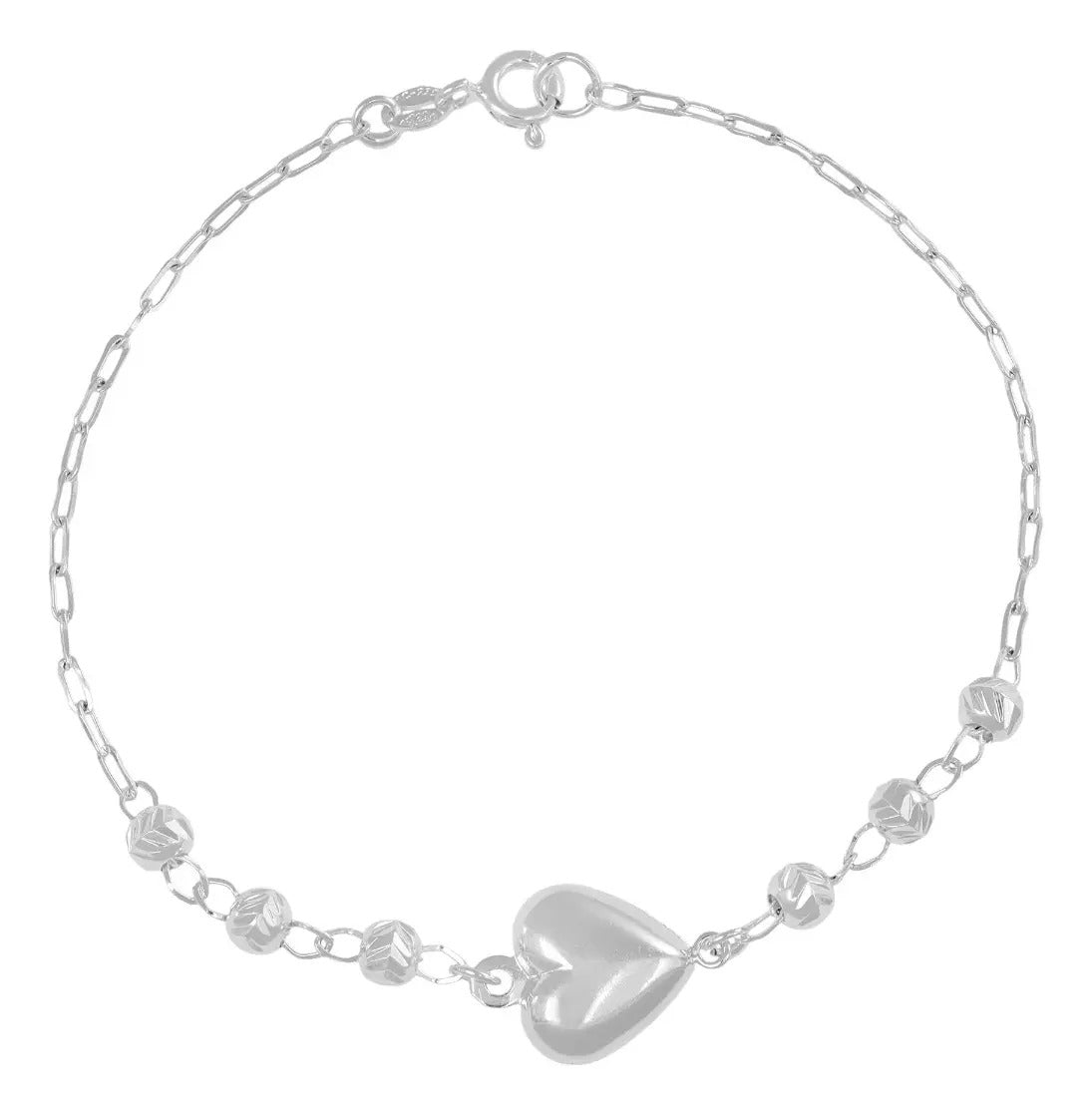 Pulsera De Plata 925 Con Corazon Y Bola Diamantada 18 Cm Color Plateado Diámetro 6 Cm Largo 18.5 Cm