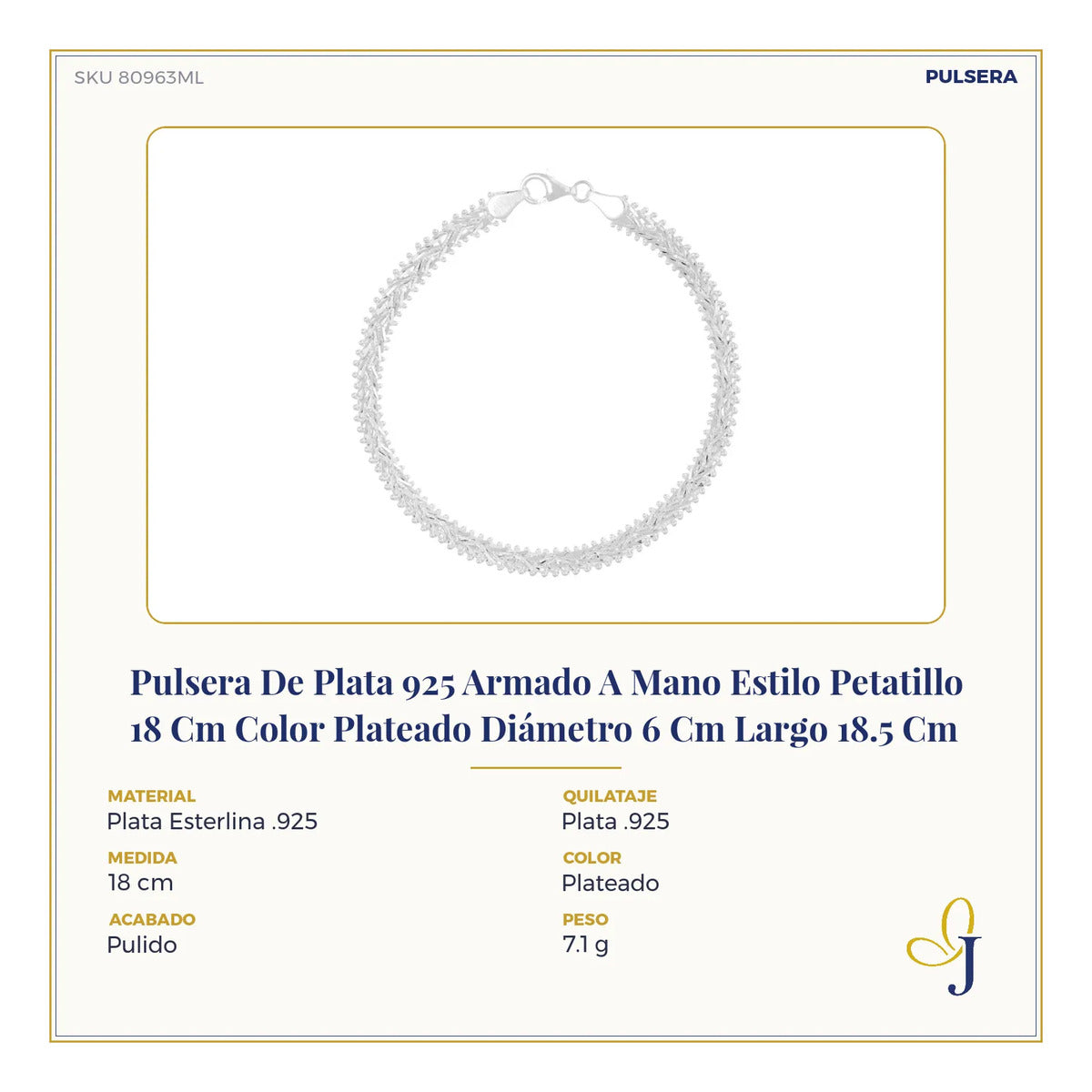 Pulsera De Plata 925 Armado A Mano Estilo Petatillo 18 Cm