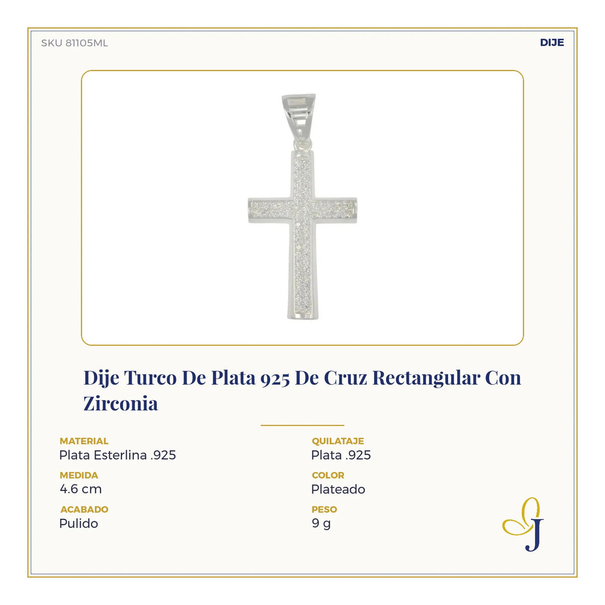 Dije Turco De Plata 925 De Cruz Rectangular Con Zirconia