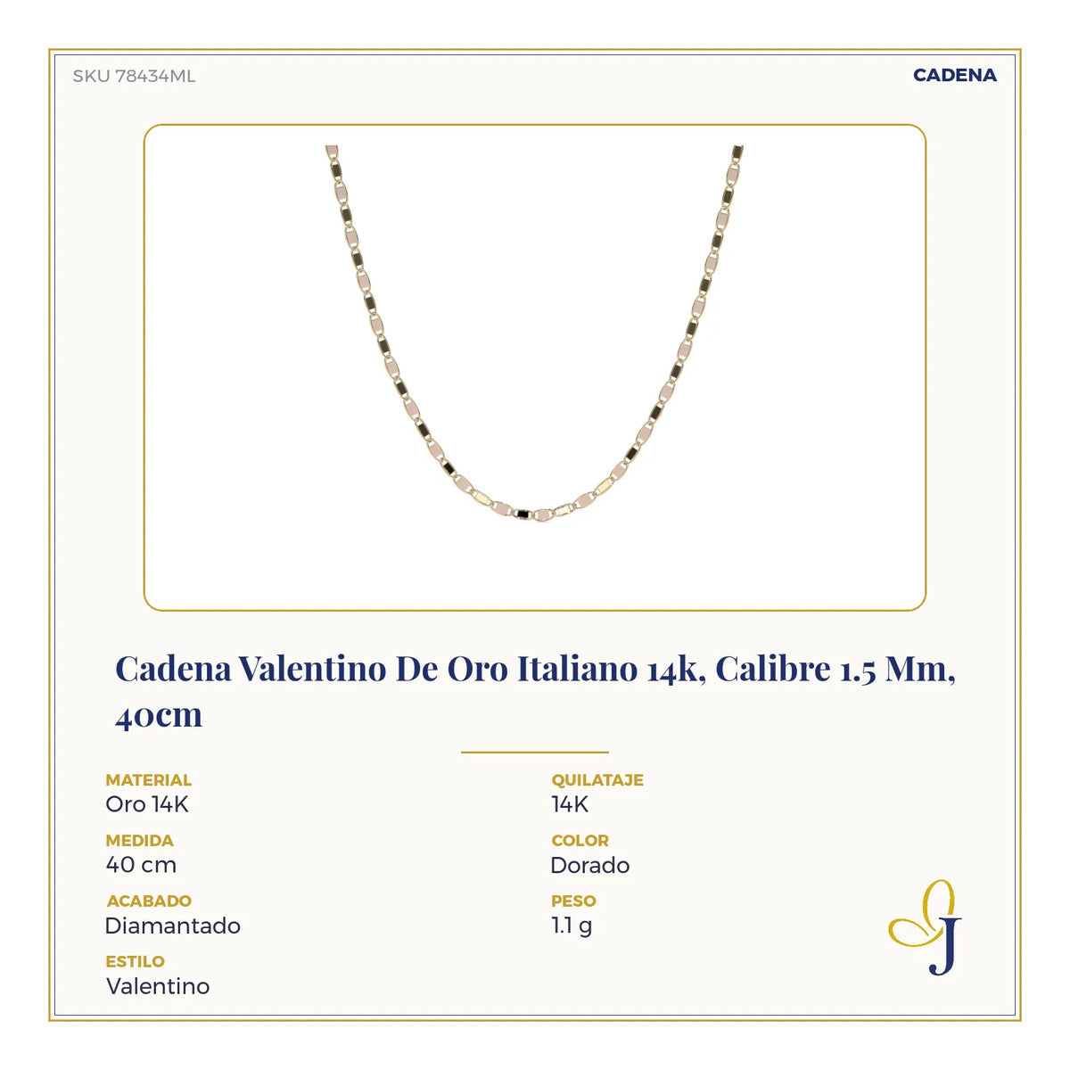 Cadena Valentino De Oro Italiano 14k, Calibre 1.5 Mm, 40cm