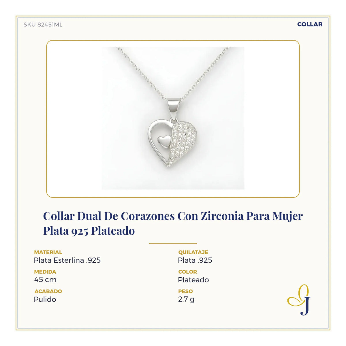 Collar Dual De Corazones Con Zirconia Para Mujer  Plata 925