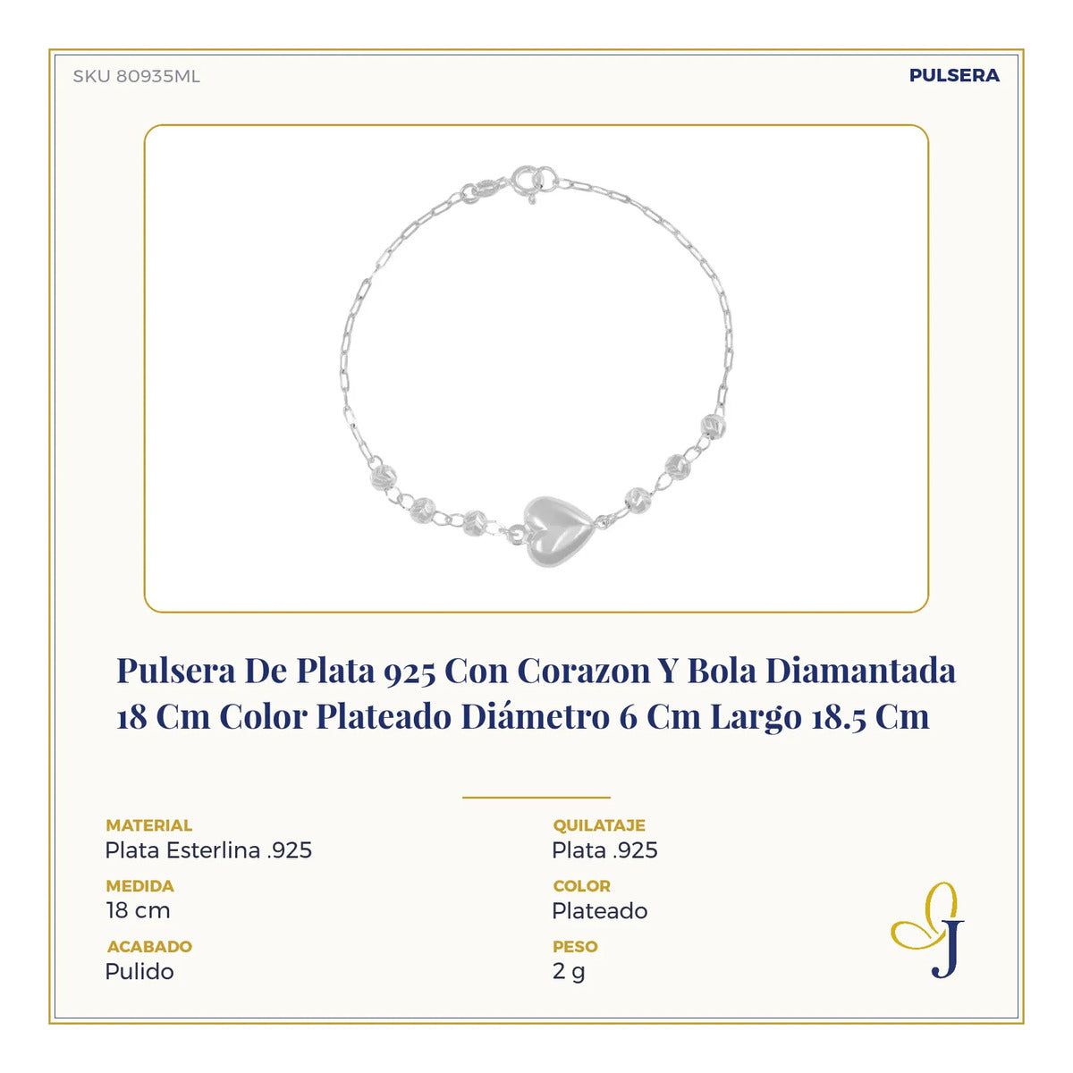 Pulsera De Plata 925 Con Corazon Y Bola Diamantada 18 Cm Color Plateado Diámetro 6 Cm Largo 18.5 Cm