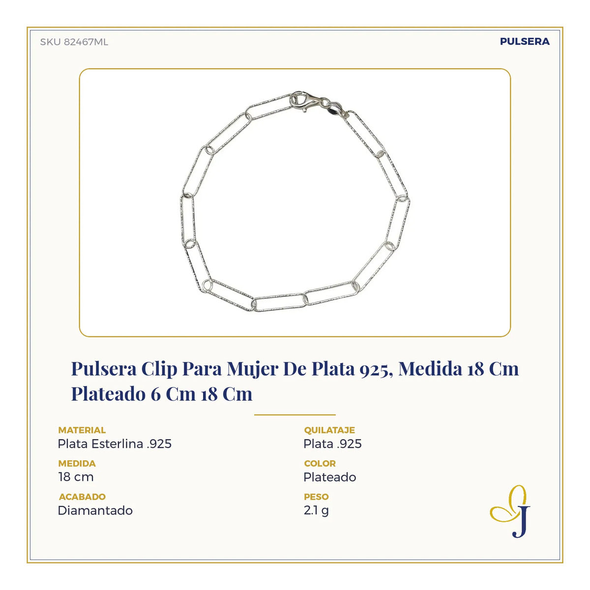 Pulsera Clip Para Mujer De Plata 925, Medida 18 Cm Plateado 6 Cm 18 Cm