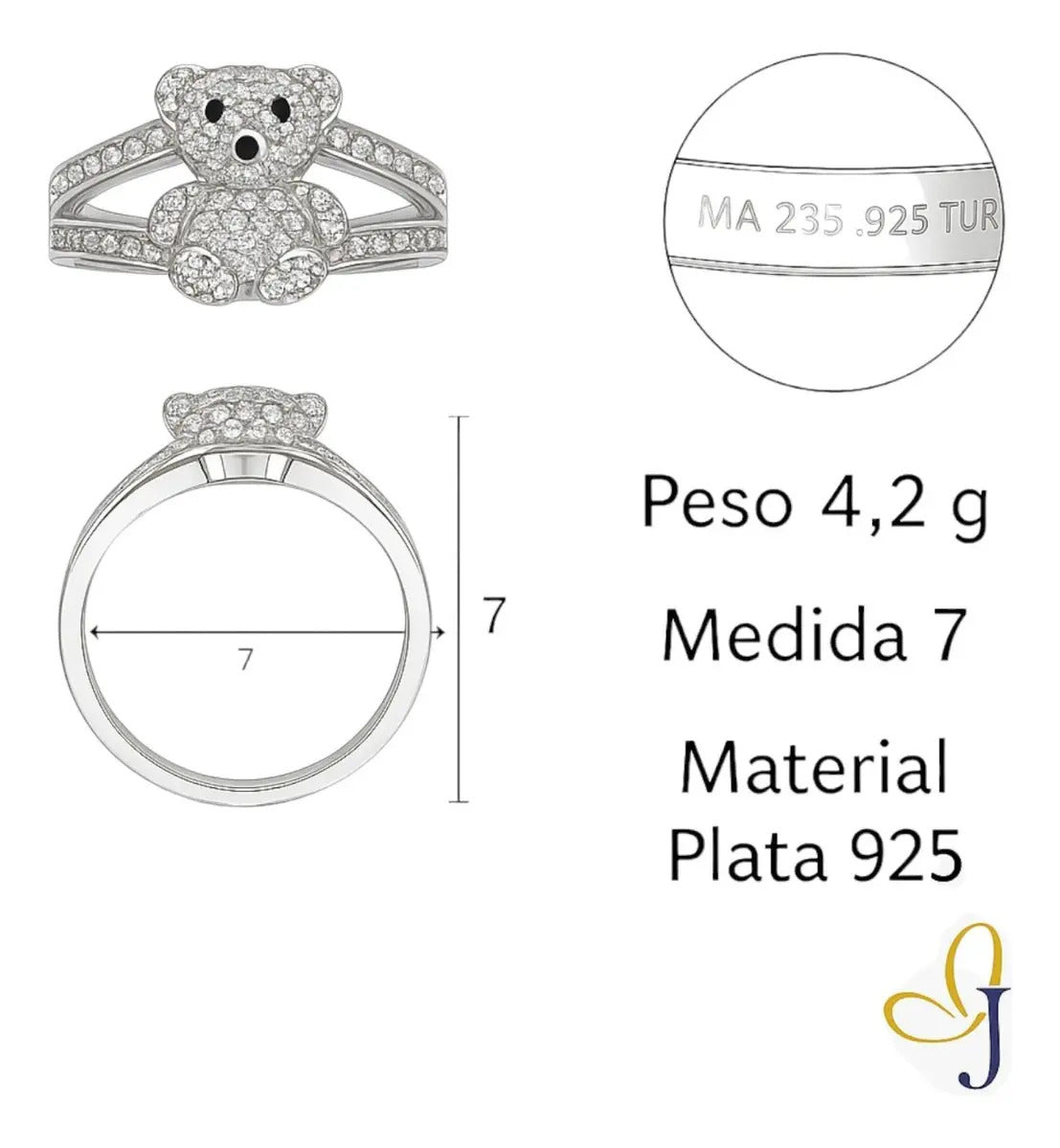 Anillo De Osito Con Zirconias Para Mujer De Plata 925