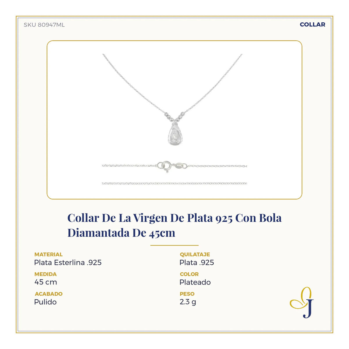 Collar De La Virgen De Plata 925 Con Bola Diamantada De 45cm