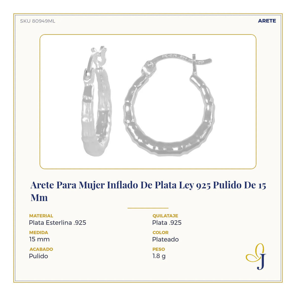 Arete Para Mujer Inflado De Plata Ley 925 Pulido De 15 Mm
