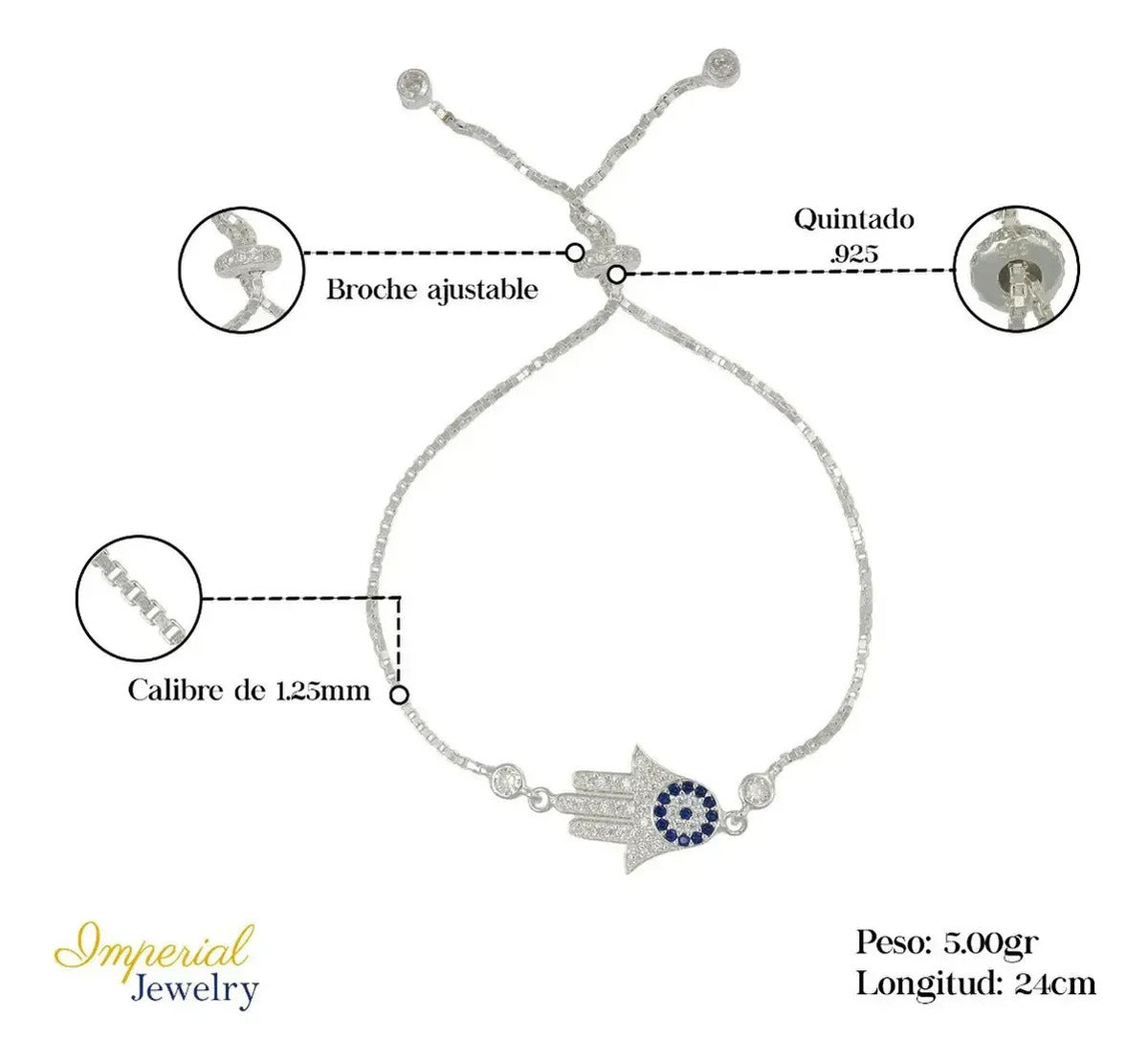 Pulsera De Plata 925 De Mano De Fatima Con Zirconia