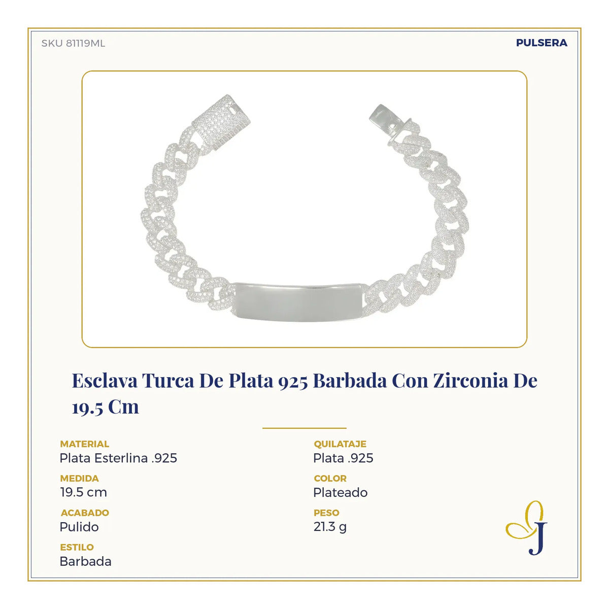 Esclava Turca De Plata 925 Barbada Con Zirconia De 19.5 Cm