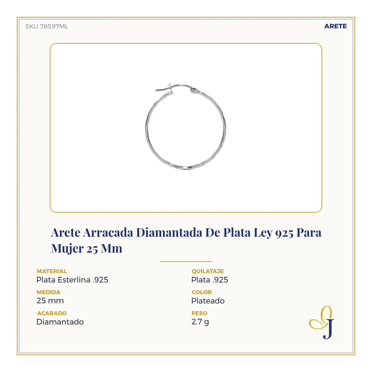 Arete Arracada Diamantada De Plata Ley 925 Para Mujer 25 Mm