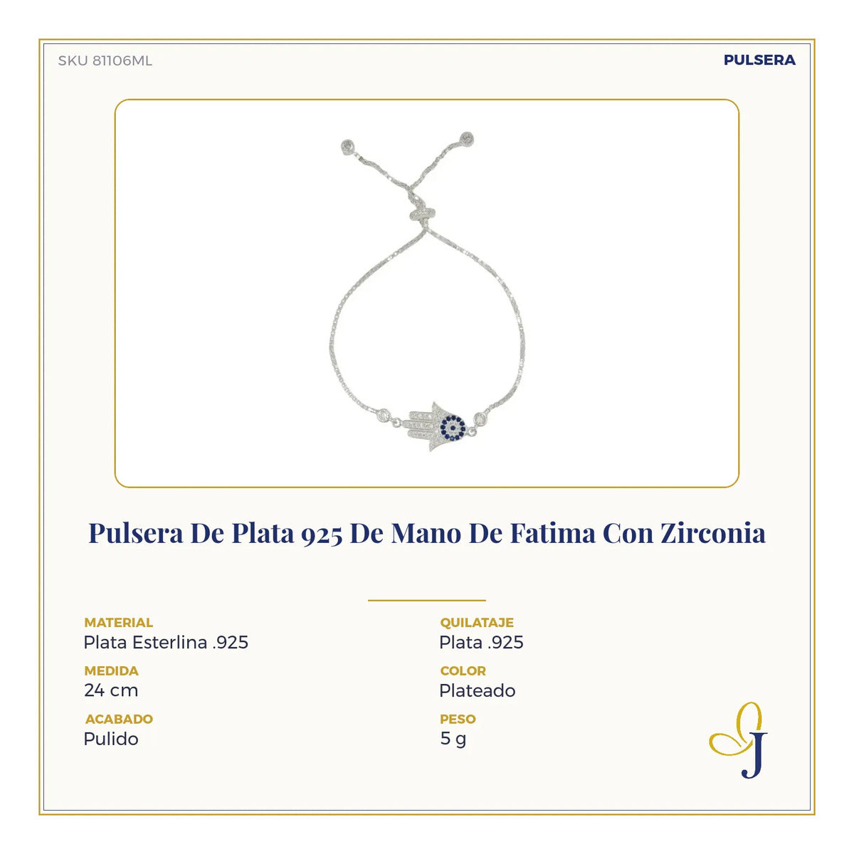 Pulsera De Plata 925 De Mano De Fatima Con Zirconia