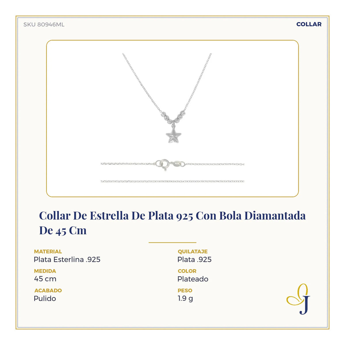 Collar De Estrella De Plata 925 Con Bola Diamantada De 45 Cm Plateado