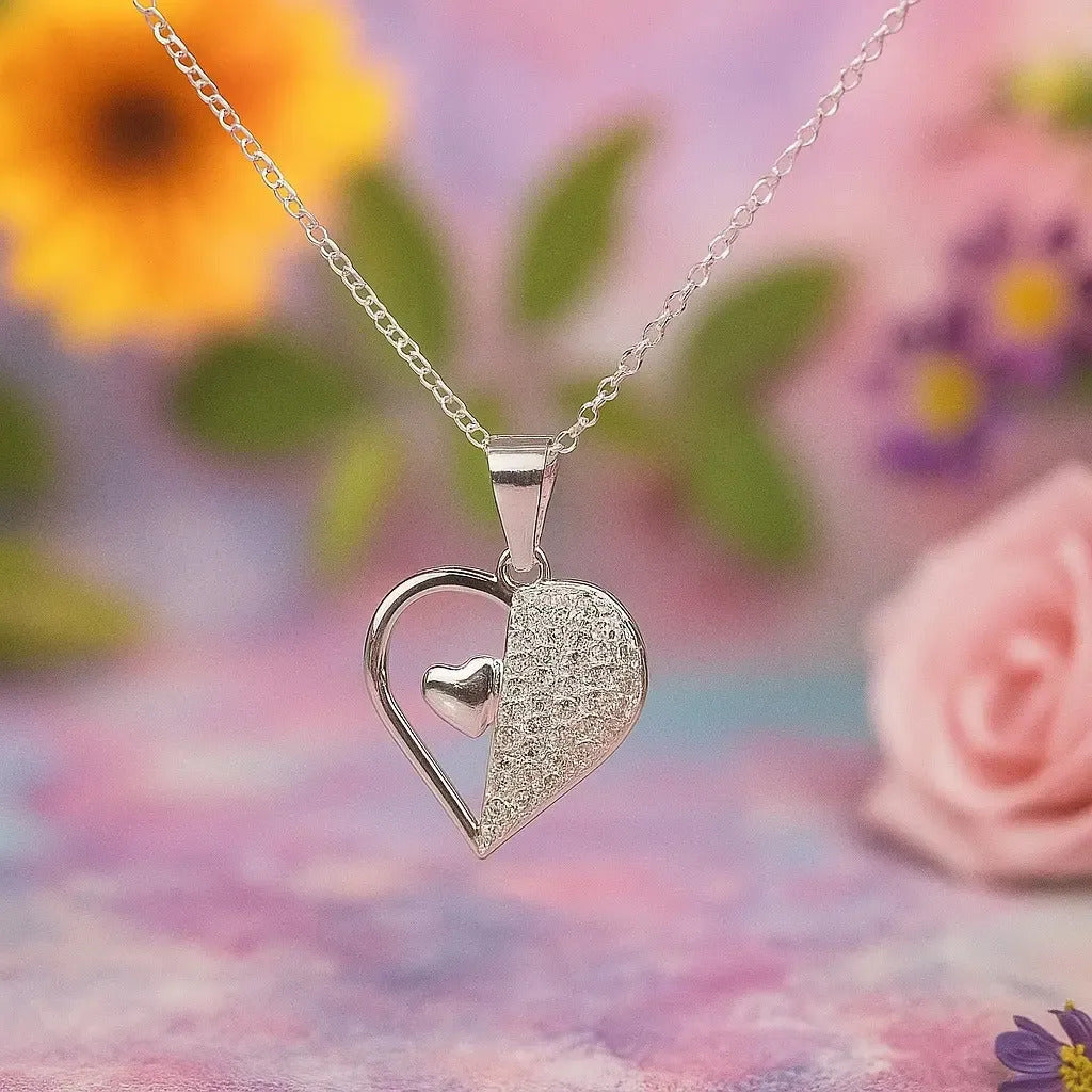Collar Dual De Corazones Con Zirconia Para Mujer  Plata 925
