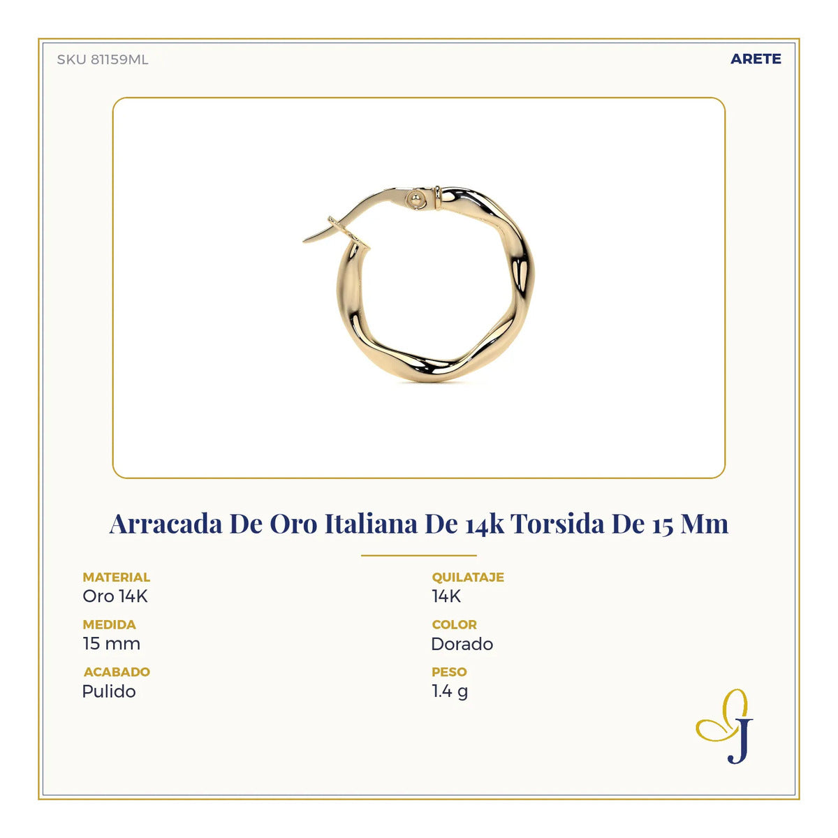 Arracada De Oro Italiana De 14k Torsida De 15 Mm