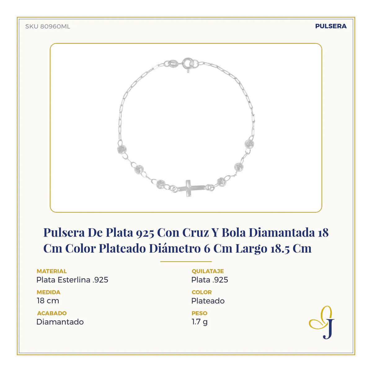 Pulsera De Plata 925 Con Cruz Y Bola Diamantada 18 Cm