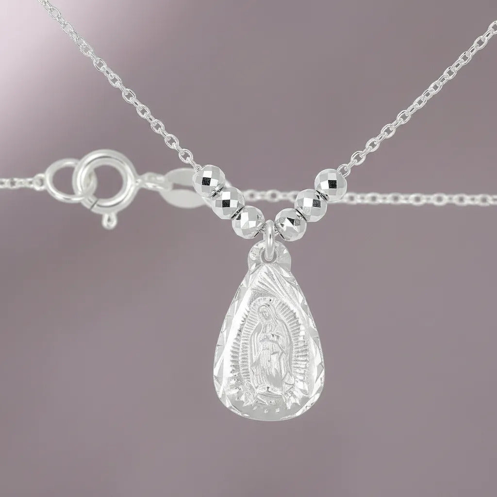 Collar De La Virgen De Plata 925 Con Bola Diamantada De 45cm