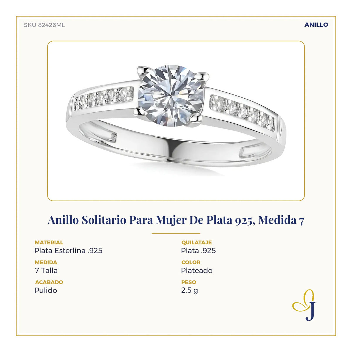 Anillo Solitario Para Mujer De Plata 925, Medida 7