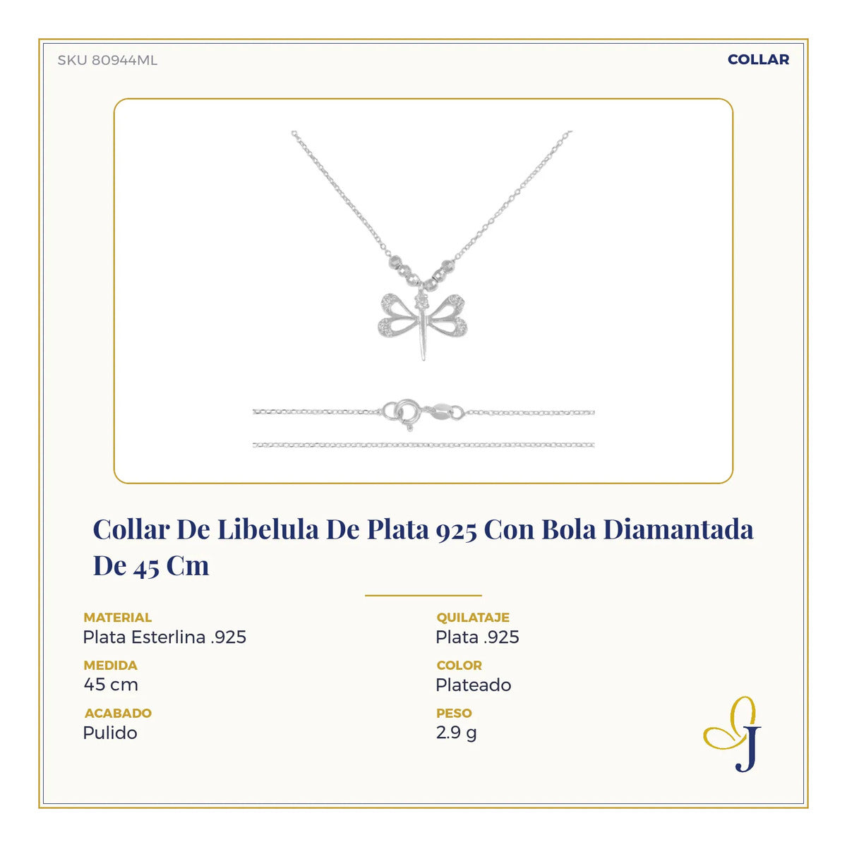 Collar De Libelula De Plata 925 Con Bola Diamantada De 45 Cm