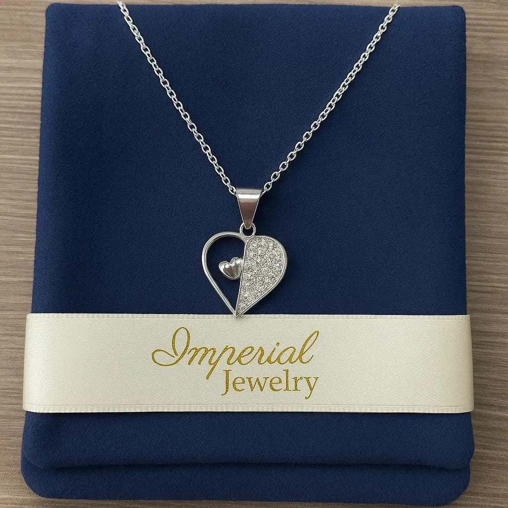 Collar Dual De Corazones Con Zirconia Para Mujer  Plata 925