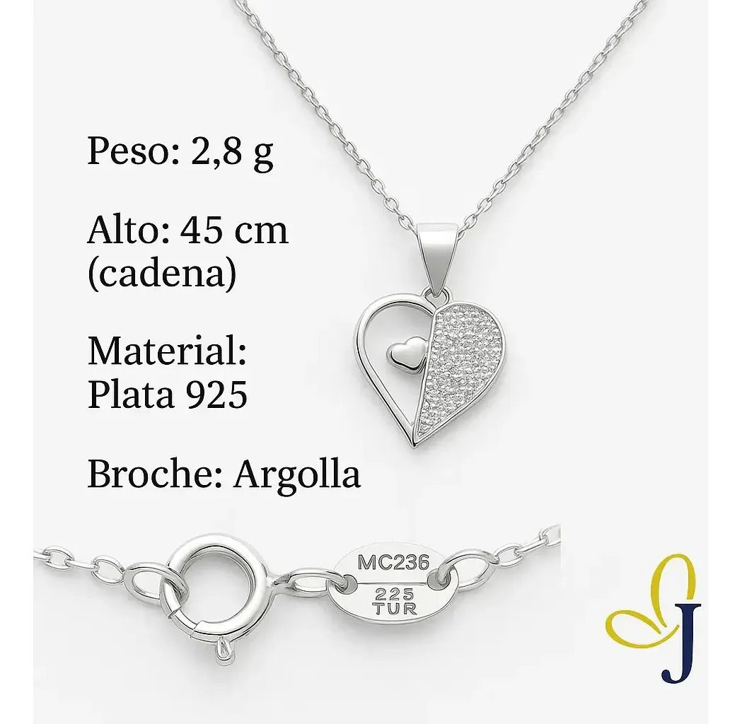 Collar Dual De Corazones Con Zirconia Para Mujer  Plata 925