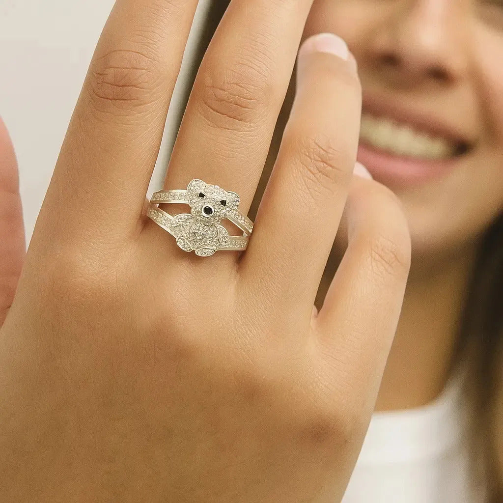 Anillo De Osito Con Zirconias Para Mujer De Plata 925