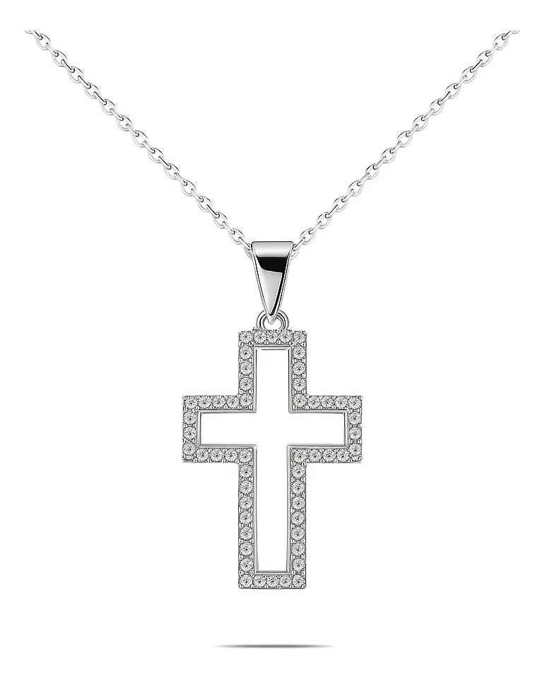 Collar De Silueta De Cruz Con Zirconias, Unisex De Plata 925 Plateado
