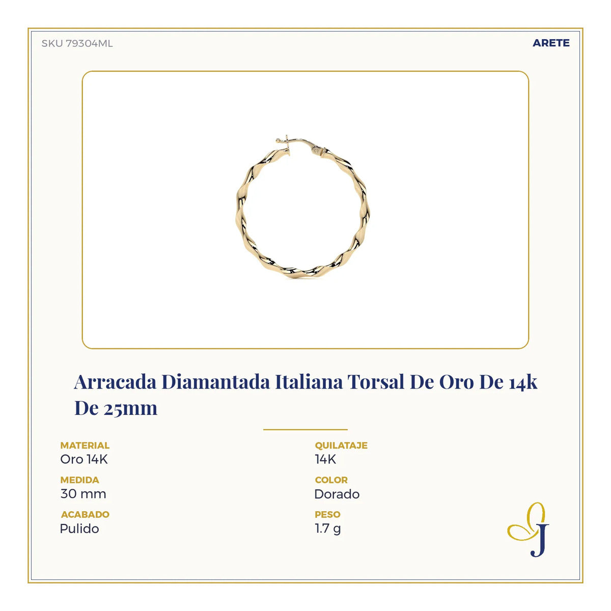 Arracada Diamantada Italiana Torsal De Oro De 14k De 25mm