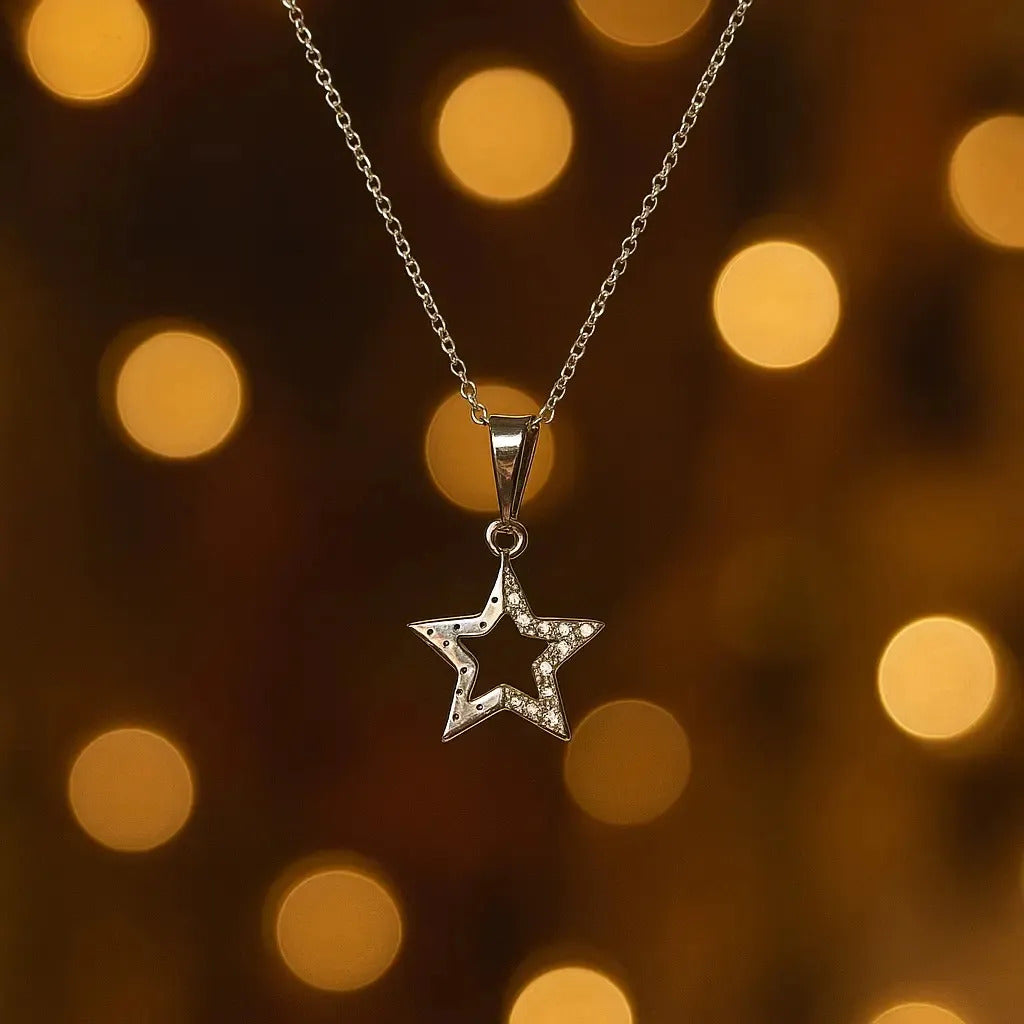Collar De Estrella Mitad De Zirconias Para Mujer  Plata 925