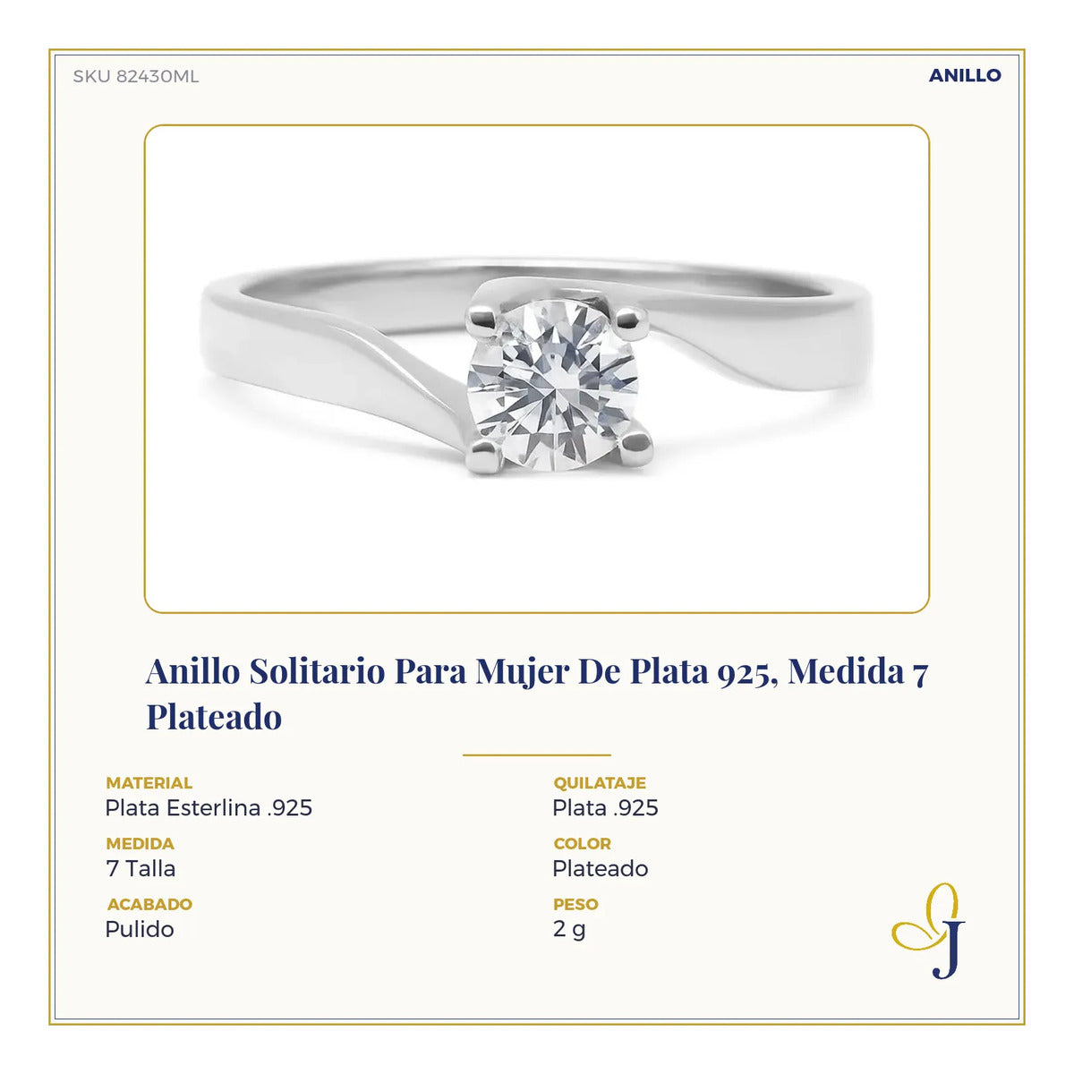 Anillo Solitario Para Mujer De Plata 925, Medida 7