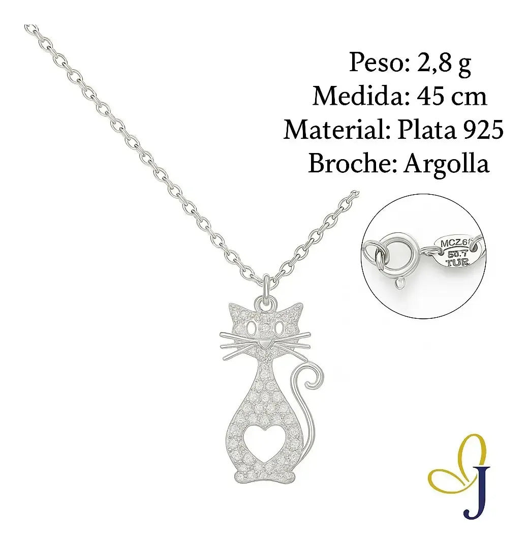 Collar De Gatito Con Corazón, Para Mujer De Plata 925 Plateado