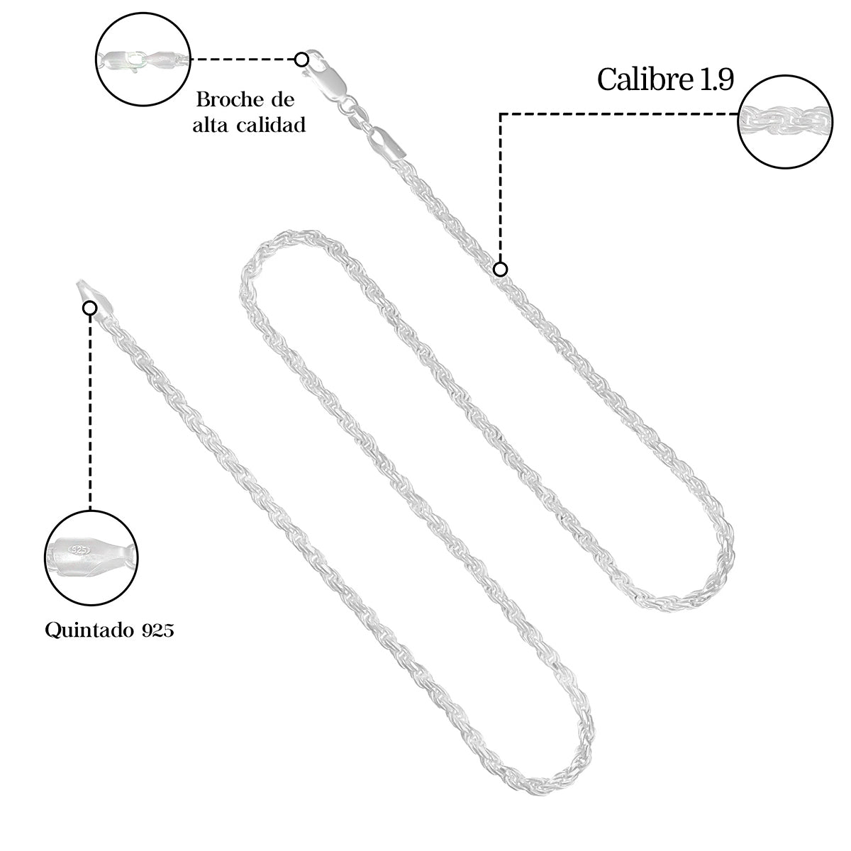 Cadena De Plata 925 Italiana Torsal Calibre 1.9mm 50 Cm