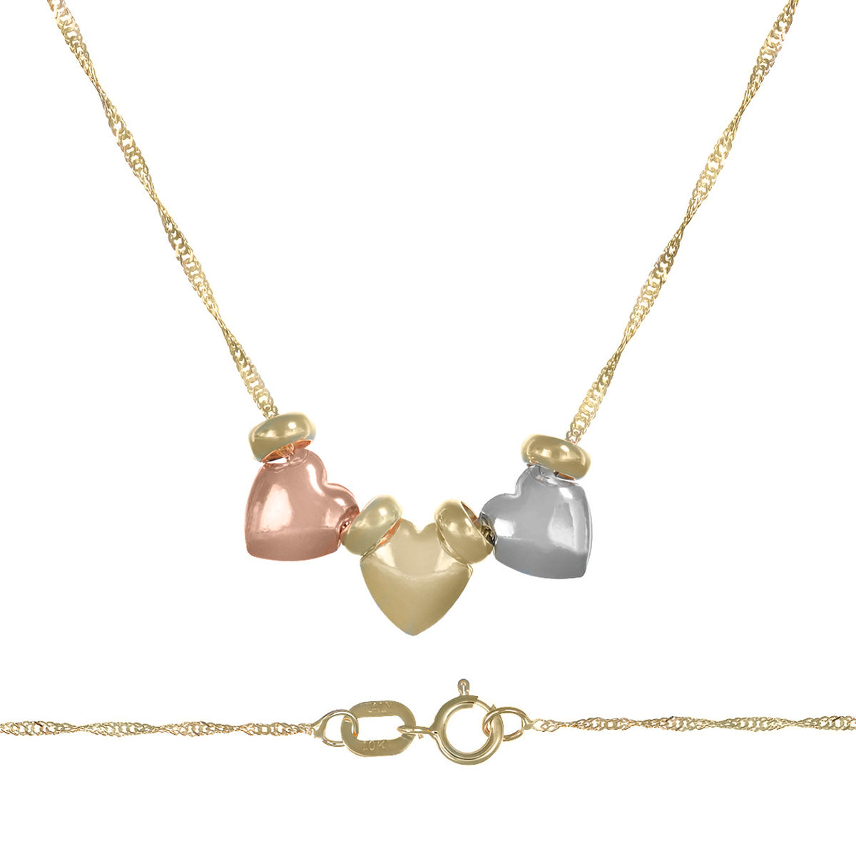 Gargantilla Italiana 10k De Tres Corazones Inflados Y Aros