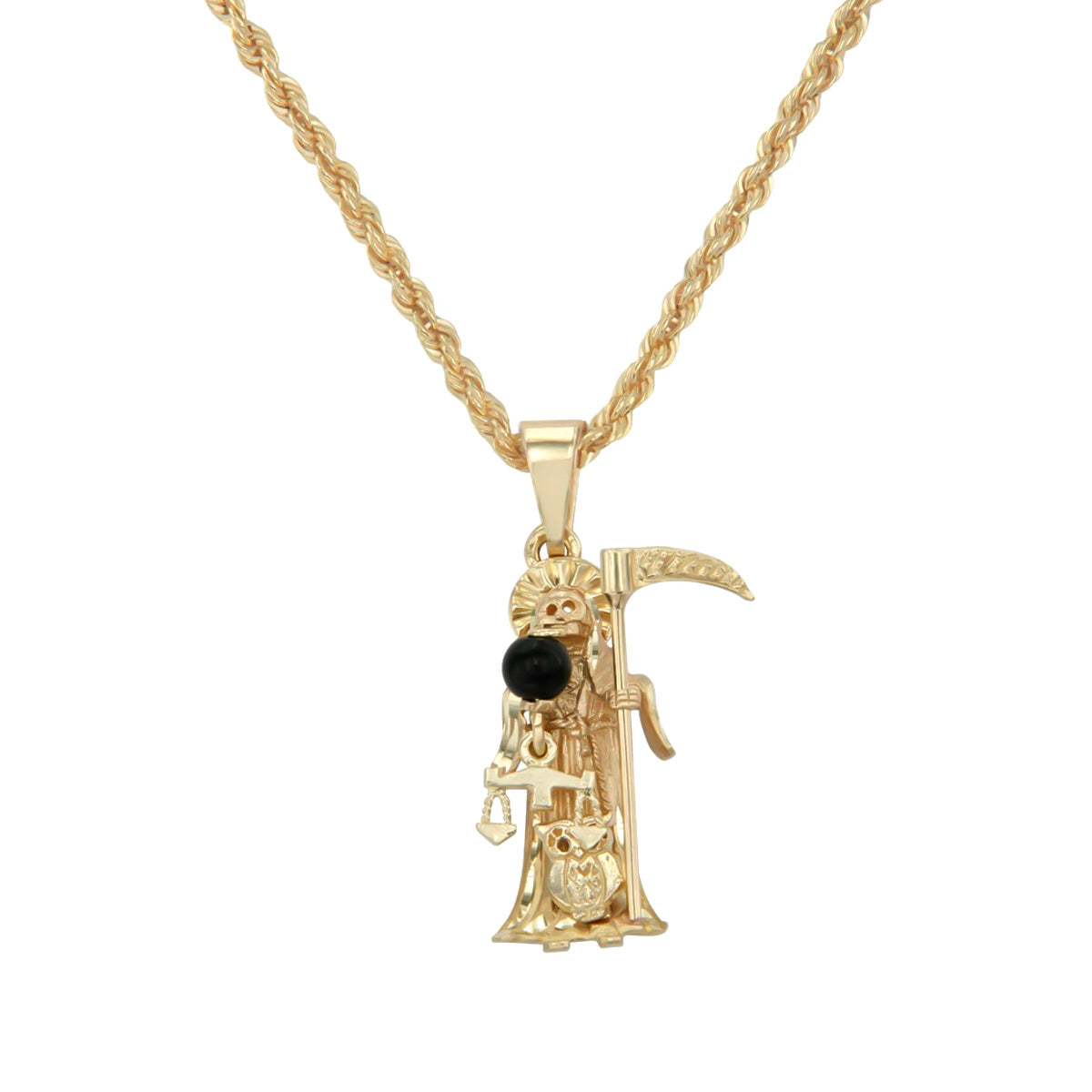 Collar De La Santa Muerte En Oro De 10k Con Piedra Ónix