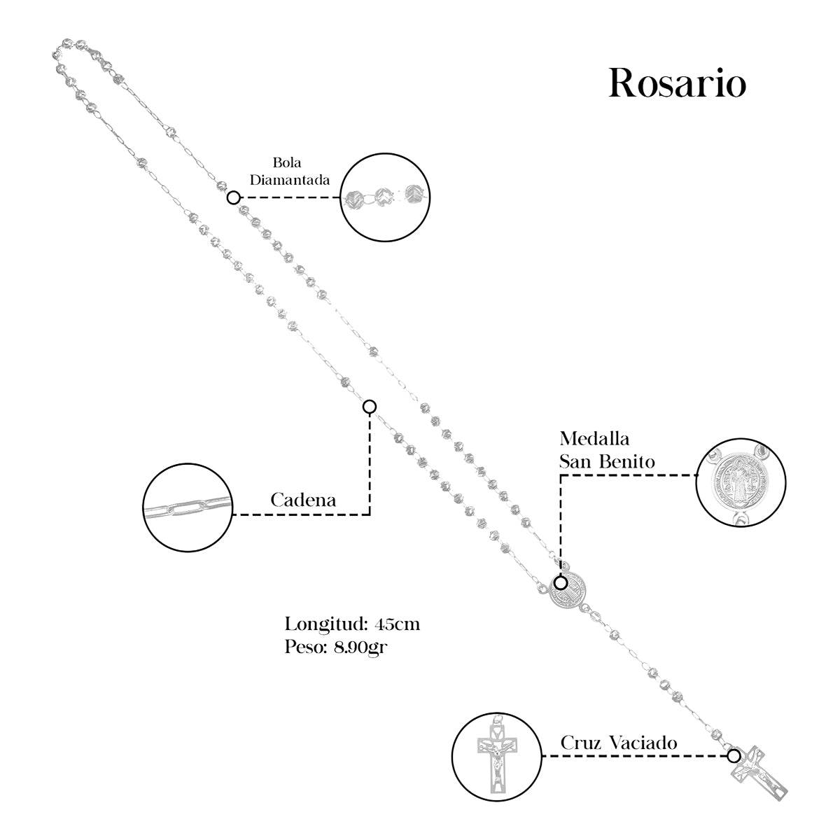 Rosario De Plata Ley 925 Con Bola Diamantada De 45 Cm