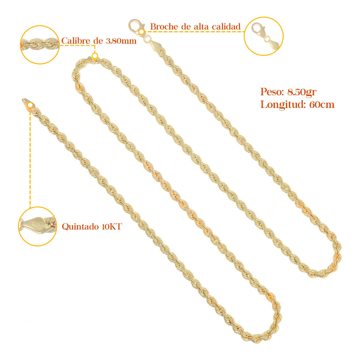 10k Italian Gold Hollow Torsal Chain, Gauge 3.8mm, 60cm