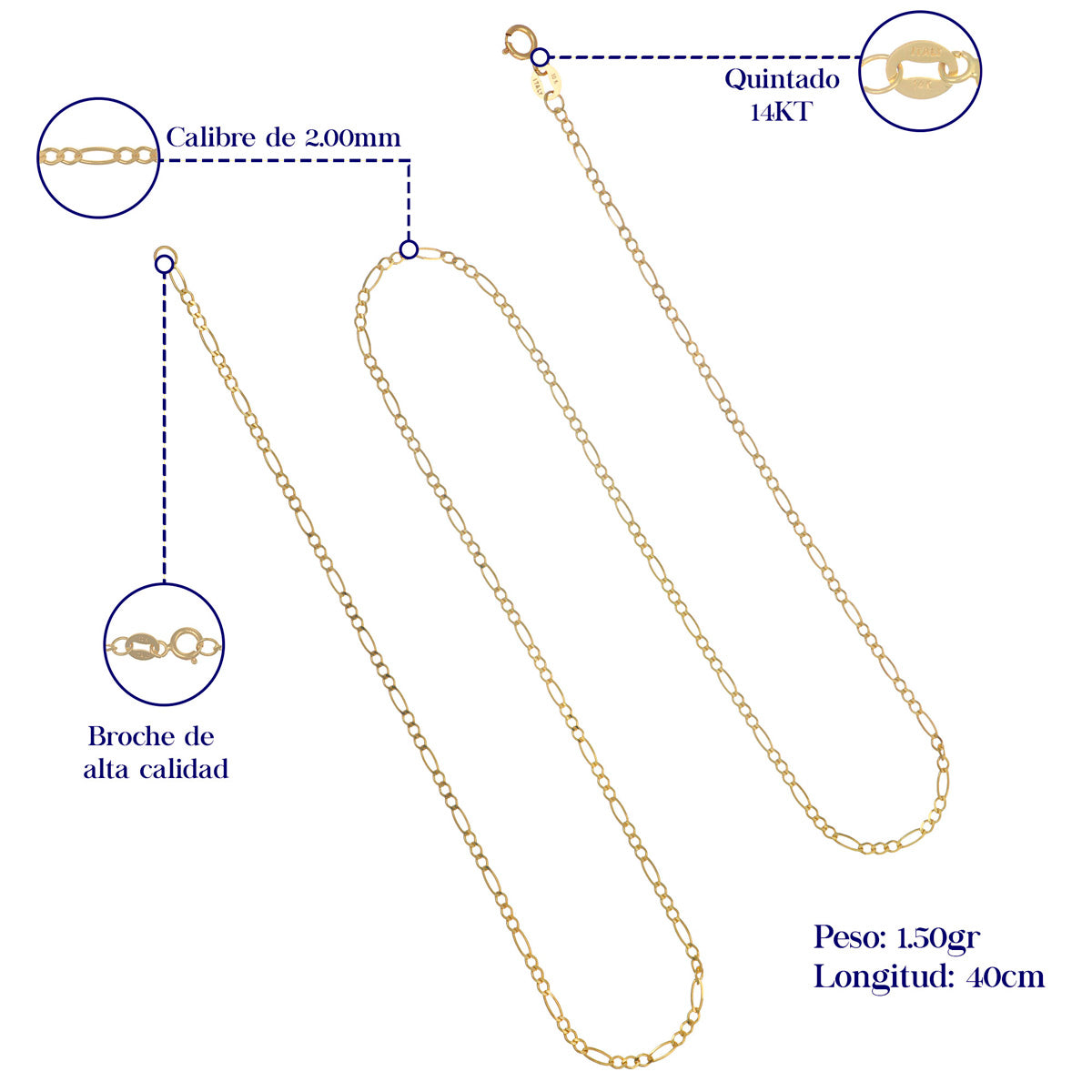 Cadena Italiana Figaro Solida De 14 Quilates 2mm, 40 Cm