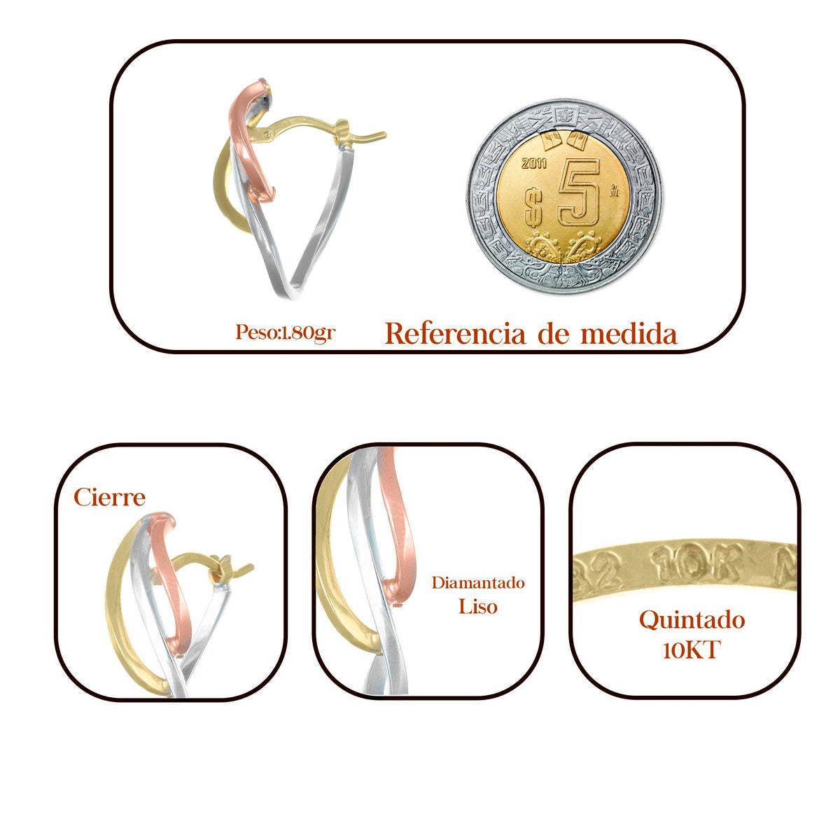 Arete Arracada Torsida De Oro De 10 Quilates En Tres Colores