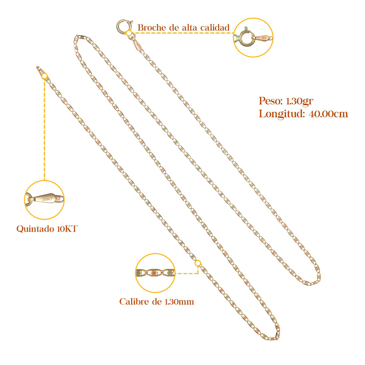 Cadena De Oro De 10k Valentino Calibre 1.3mm