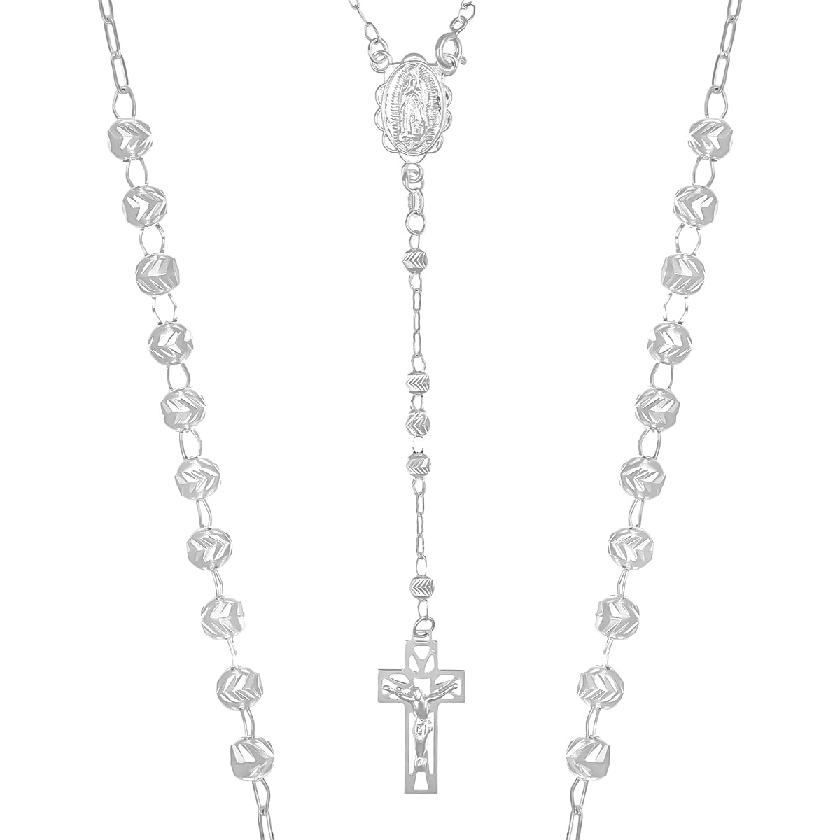 Rosario De Plata Ley 925 Con Bola Diamantada De 45 Cm