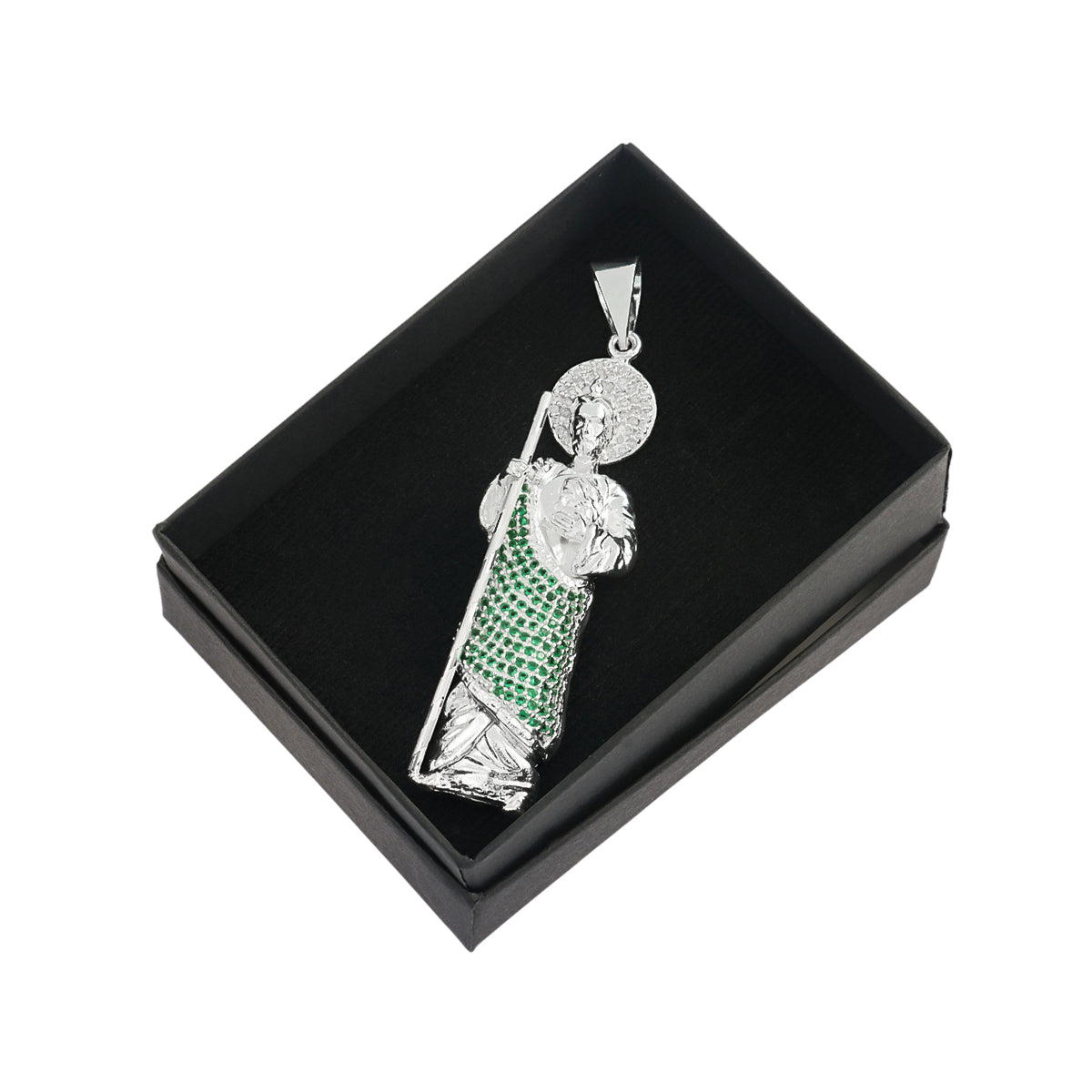 Dije De Plata 925 San Judas Con Piedra Zirconia Verde 7.5cm