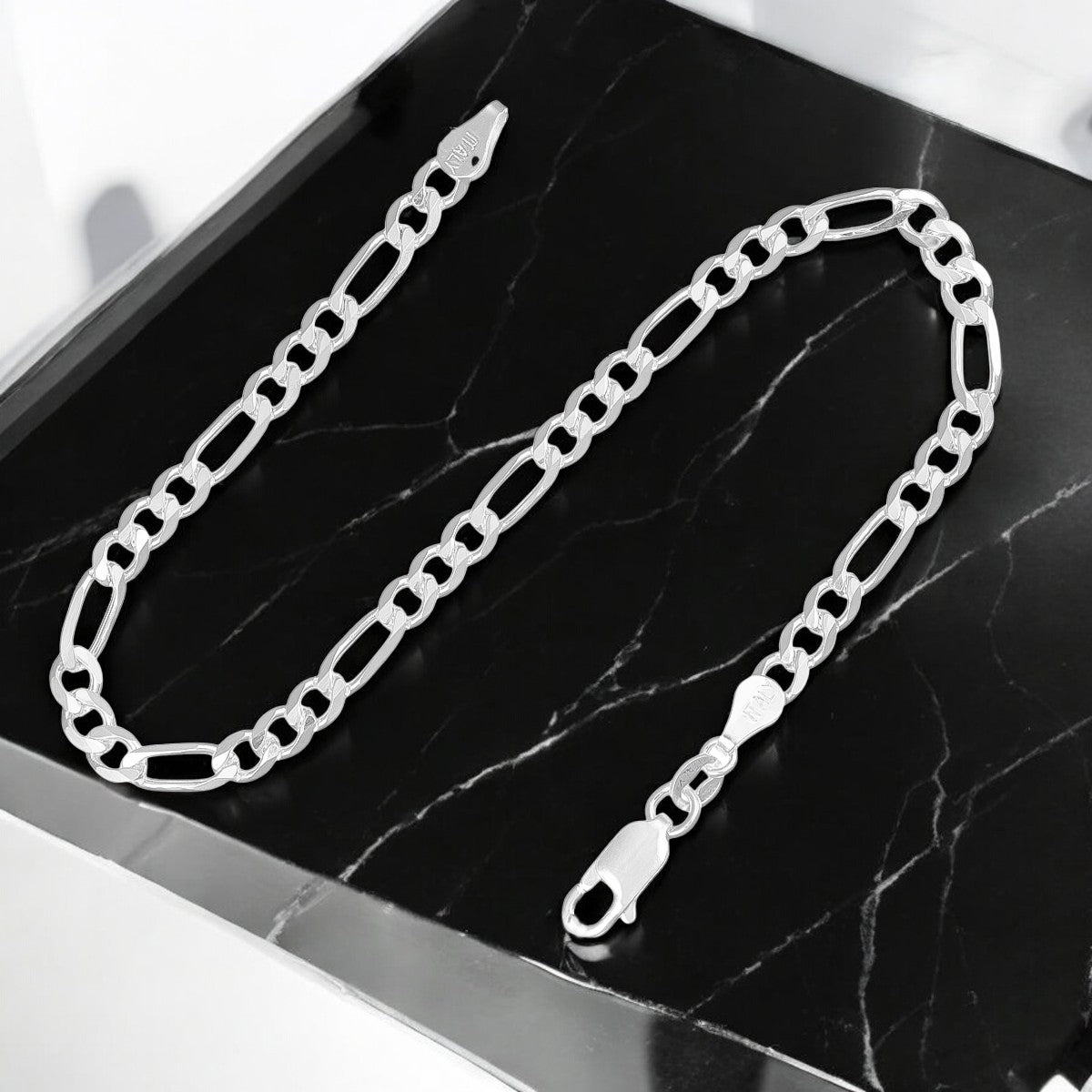 Pulsera De Plata 925 3x1 Figaro 18cm Calibre 4.1mm Italiana