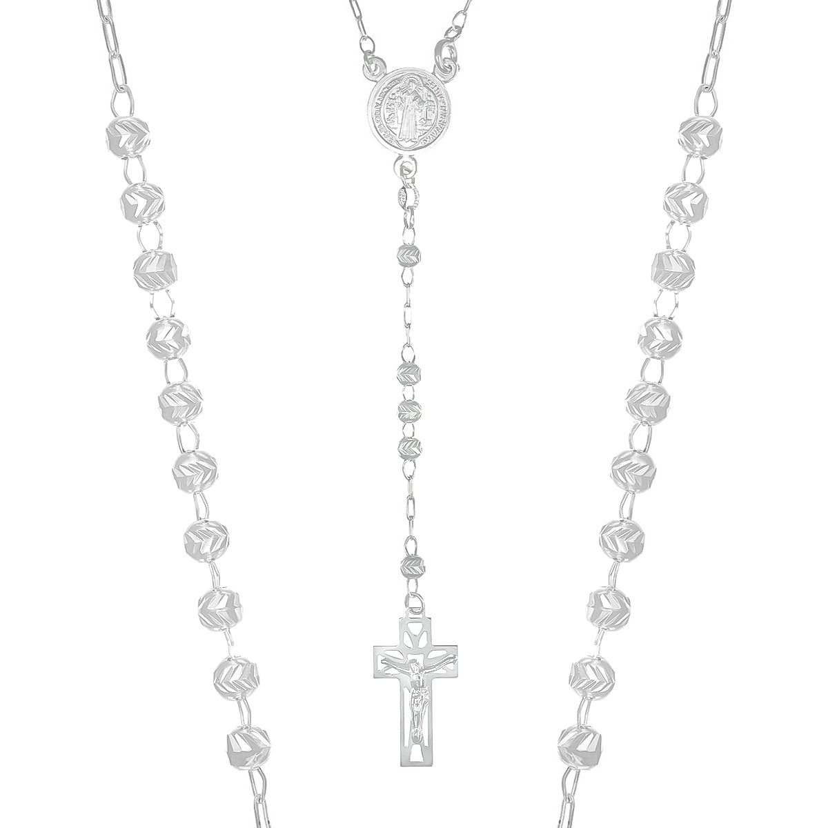 Rosario De Plata Ley 925 Con Bola Diamantada De 65 Cm