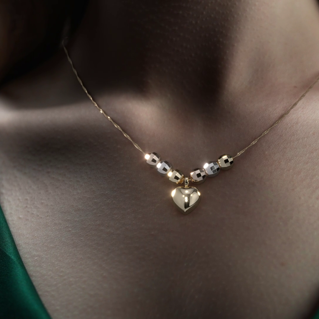 Gargantilla Italiana 14k o 10K De Corazón Inflado Y Bolas Tricolor