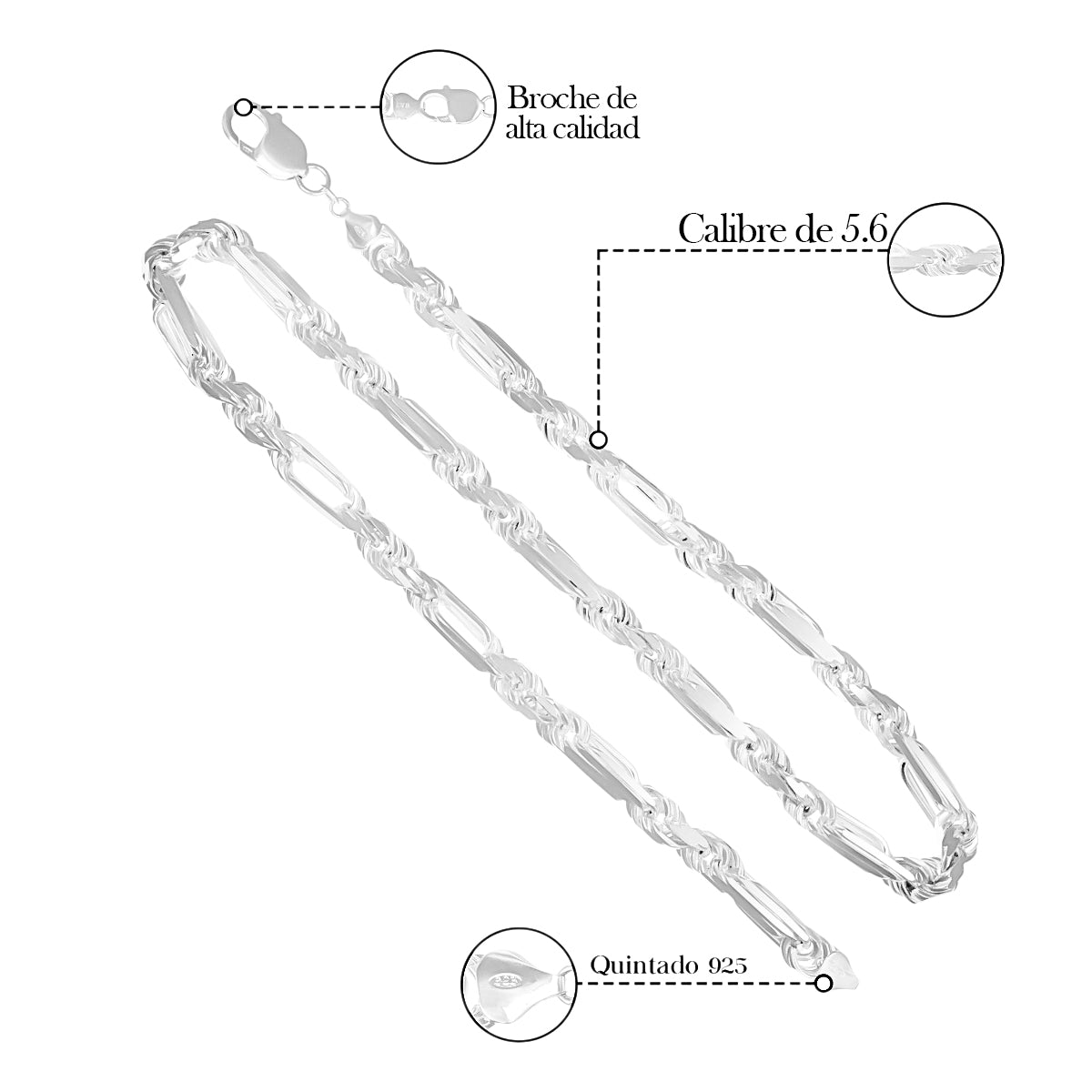 Cadena De Plata 925 Torsal Figaro 3x1 De 50cm Calibre 5.6mm